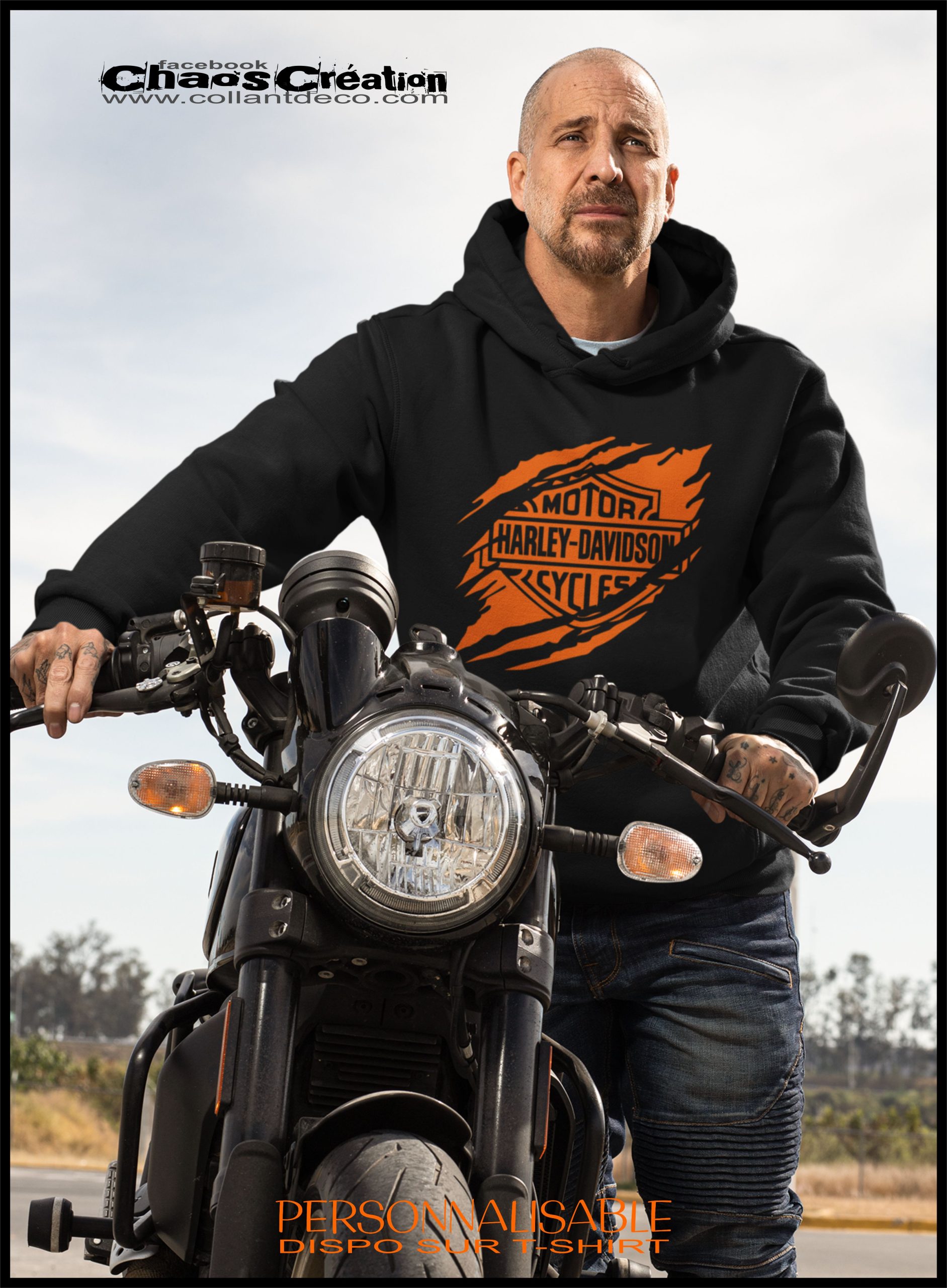 Hoodie : Hoddie Harley Davidson homme logo orange dechirer DEVANT